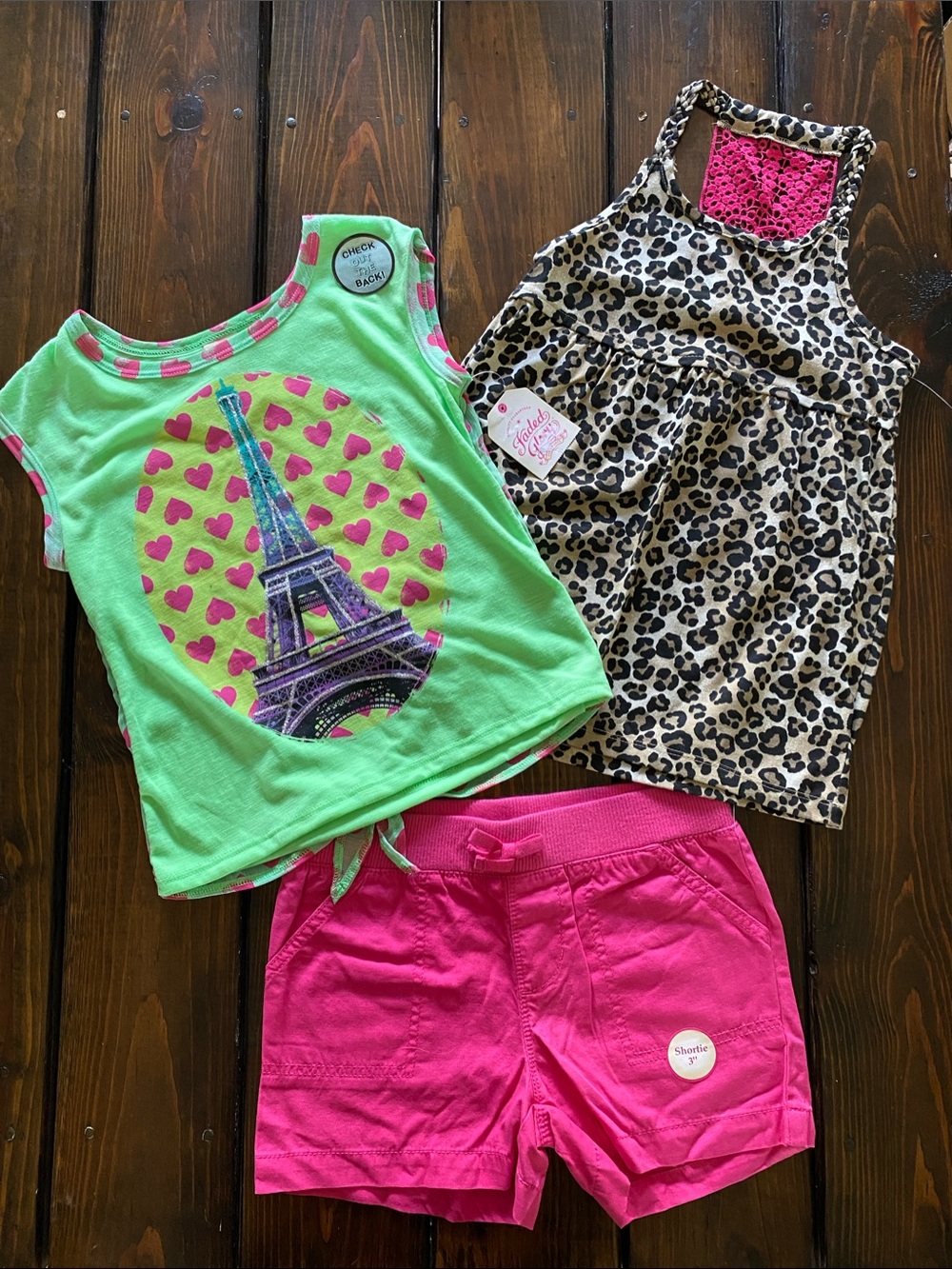 Three-Piece Cute Eiffel Tower Chiffon Backed Top, Leopard Tank & Hot Pink Shorts